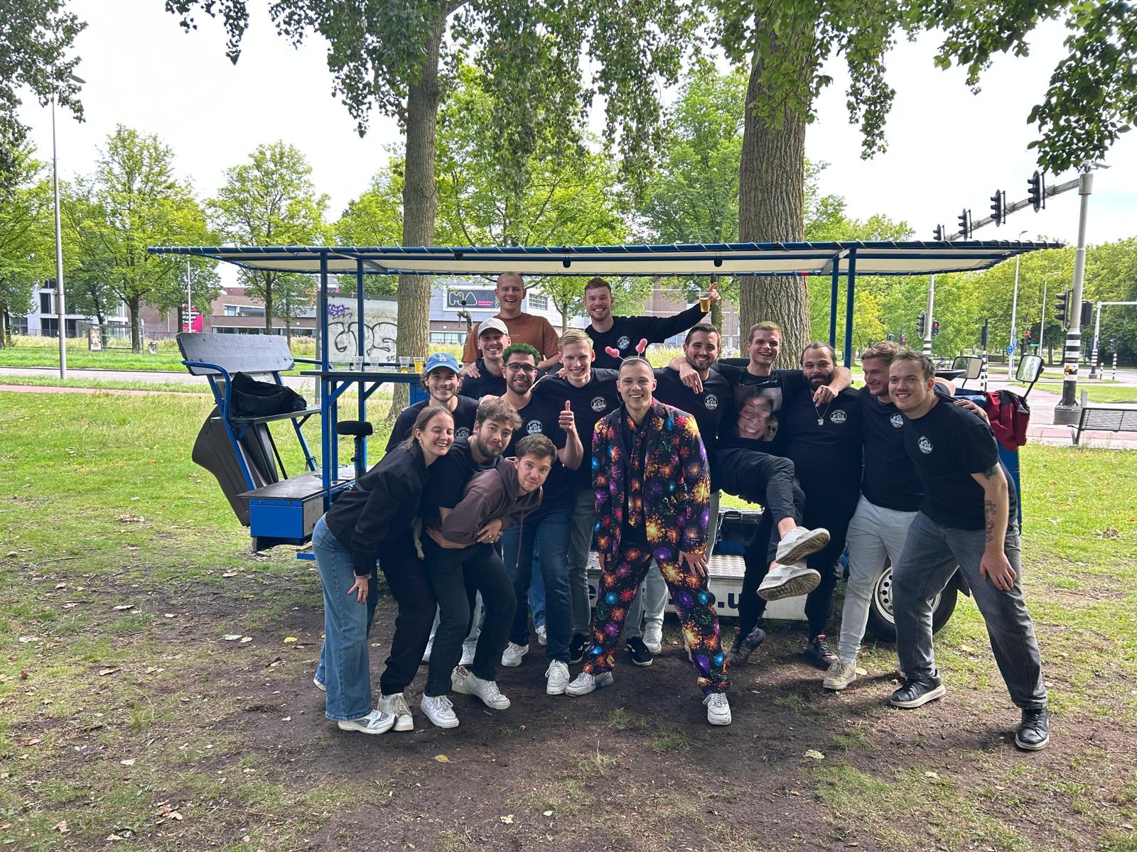 Mixed group having fun on beer bike tour